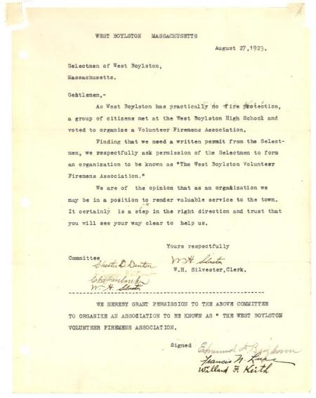 1923 Letter to Selectmen creating Volunteer Firemens Association