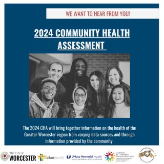 Photograph of smiling people with the words "We want to hear from you! 2024 Community Health Assessment. The 2023 CHA will brin 