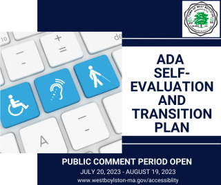 Keyboard with a wheelchair, ear, and person with cane, "ADA Self-Evaluation and Transition Plan Public Comment Period Open"