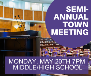 empty auditorium with podium, "Semi-Annual Town Meeting Monday May20th 7PM Middle/High School"