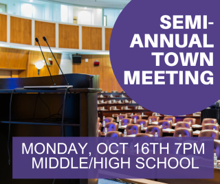 empty auditorium with podium, "Semi-Annual Town Meeting Monday Oct 16th 7PM Middle/High School"