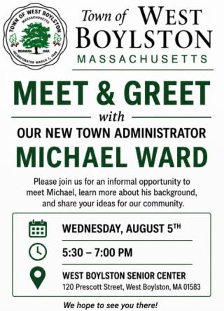 Meet and Greet the Town Administrator flyer, with date, time, and address.