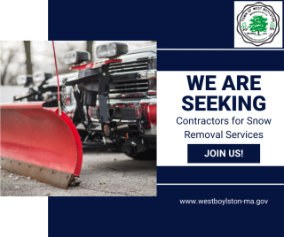 Snow plow with words "We are seeking Contractors for Snow Removal Services Join Us and Town Website"