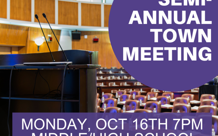 empty auditorium with podium, "Semi-Annual Town Meeting Monday Oct 16th 7PM Middle/High School"