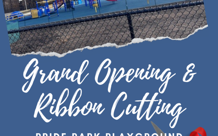 Photo of Pride Park with ribbons and scissors cutting a ribbon "Grand Opening and Ribbon Cutting Pride Park Playground Wednesday