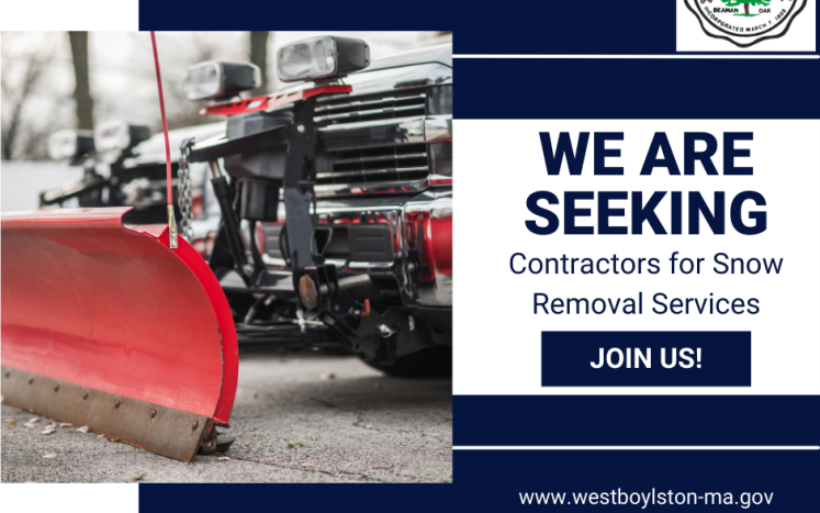 Snow plow with words "We are seeking Contractors for Snow Removal Services Join Us and Town Website"