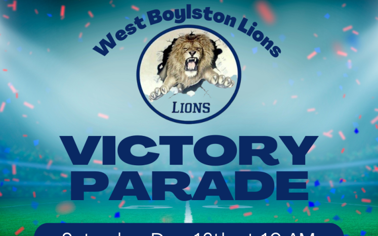 Ticker tape falling on football stadium, "West Boylston Lions Victory Parade, Saturday Dec. 16th at 10 a.m."